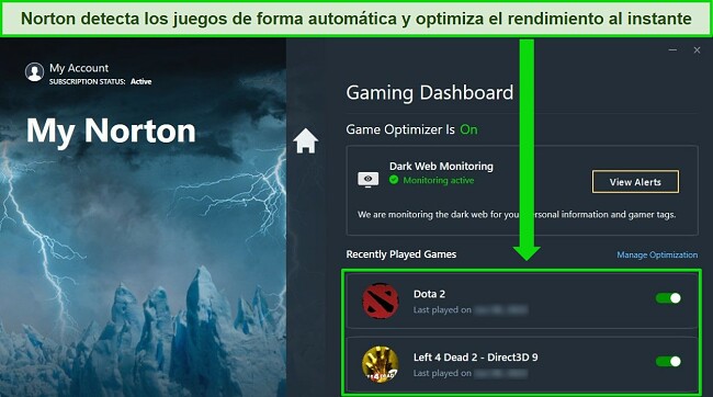 Captura de pantalla: Mejor antivirus para PC para juegos - Panel de control de juegos Norton que optimiza autom&aacute;ticamente los juegos