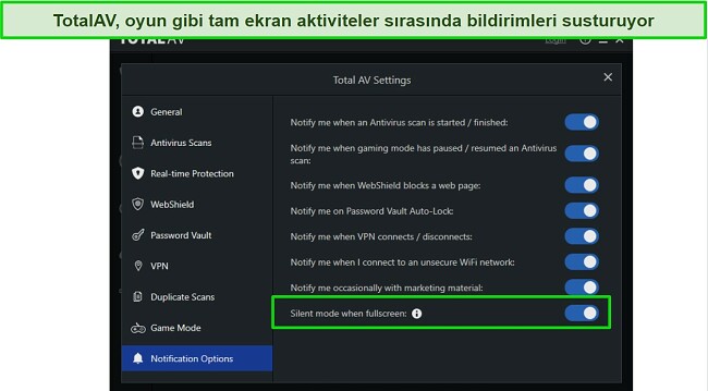 TotalAV Bildirim Se&ccedil;enekleri - Sessiz Mod