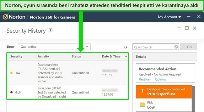 Oyunumun kesintiye uğramadan tehditleri algılayan ve karantinaya alan Norton